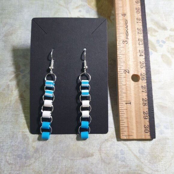 Blue White Chain Link Dangle Earrings Team Boy Baby Reveal Silver Tone Hooks - Picture 3 of 4